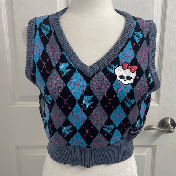 Monster High Alumni argyle sweater vest argyle pattern in Pink, Blue & Grey Sz L - Picture 1 of 9